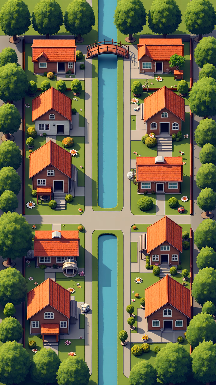 Symmetrical suburban landscape with a central canal and red-roofed houses.