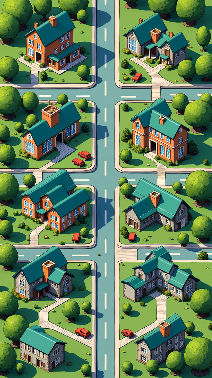 Symmetrical suburban neighborhood with identical houses and lush greenery.