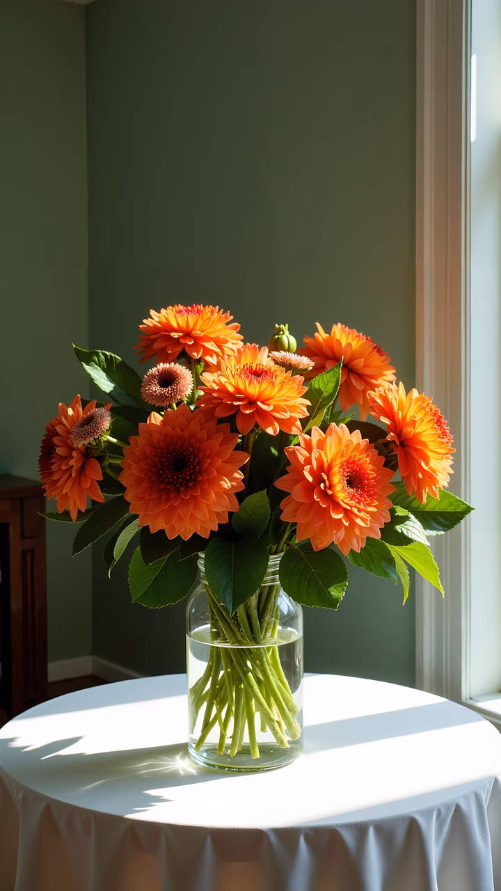 Bright orange dahlias in a sunlit room, evoking warmth and tranquility.