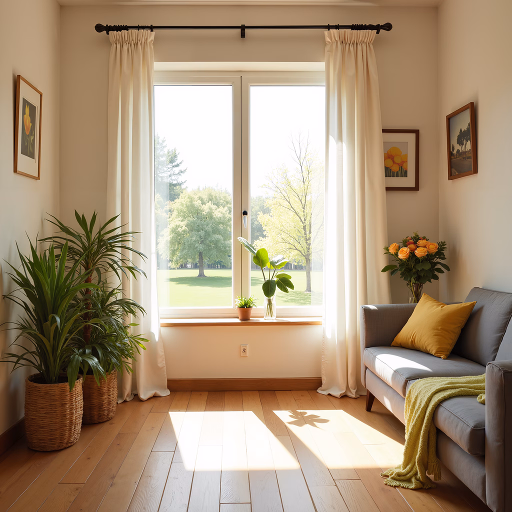 A tranquil living room illuminated by natural sunlight, featuring a sofa, plants, and floral decor.