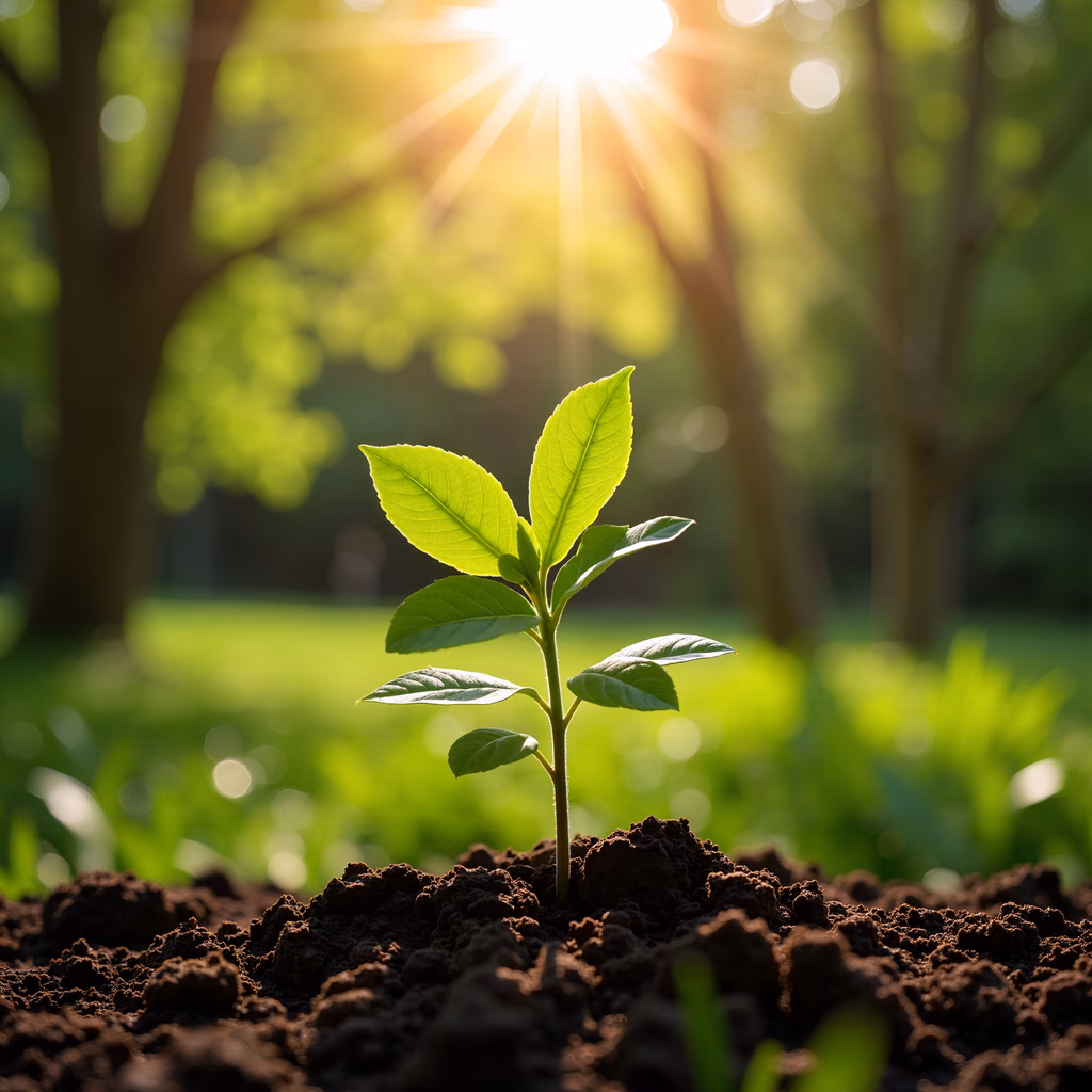 A sprout growing in the sun amidst greenery.