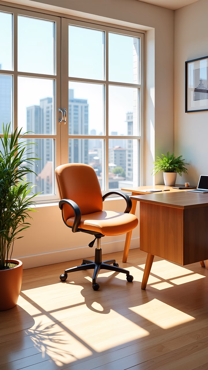 A sunlit office space with a view of the city, featuring wooden furniture and a potted plant.