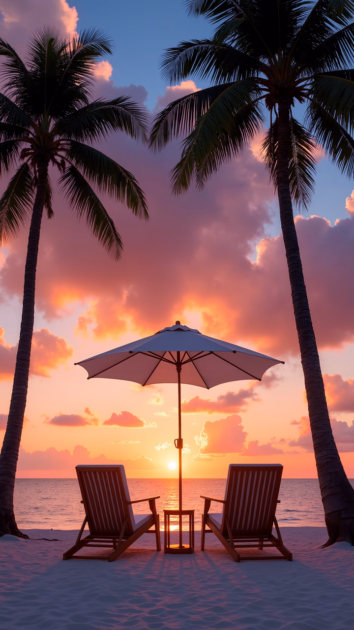 A peaceful sunset beach scene with two chairs and an umbrella, surrounded by palm trees.