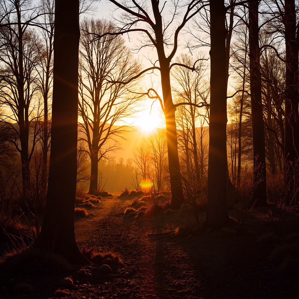 A tranquil sunset scene through a forest path, featuring tall trees and warm orange hues.