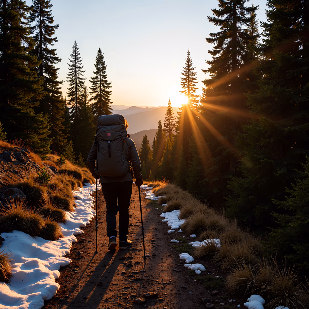 A hiker at sunset, surrounded by snow and trees, capturing a moment of solitude and natural beauty.