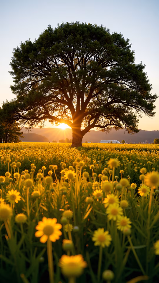 Sunset Over a Yellow Flower Field
