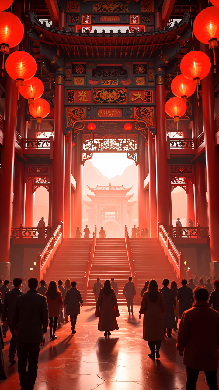 Grand temple gateway with red lanterns and traditional figures in a mystical setting.