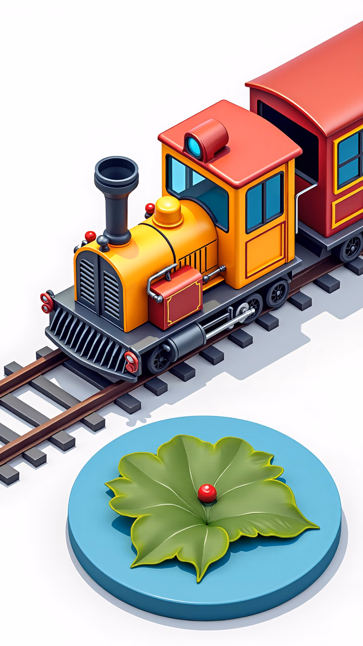 Brightly colored steam train and leaf illustration for children’s art.