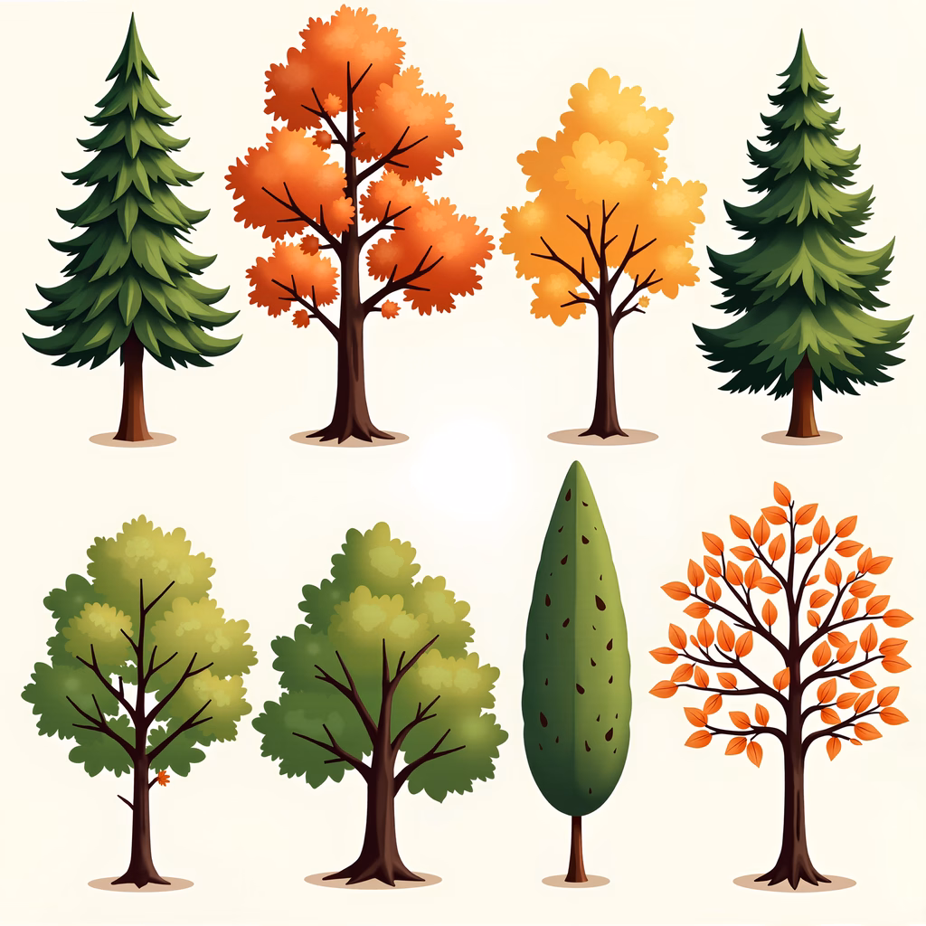 A colorful collection of trees representing various seasons and types.