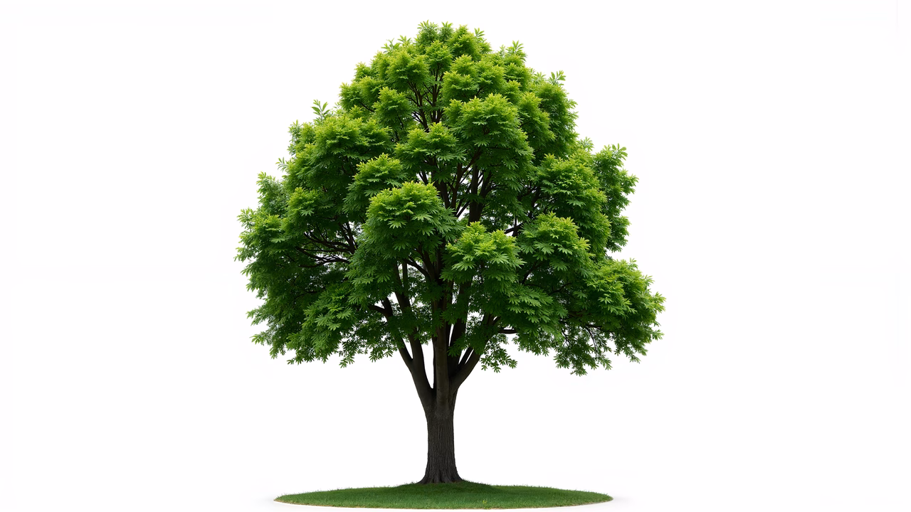 Detailed illustration of a lush green tree on a small patch of grass against a white background.