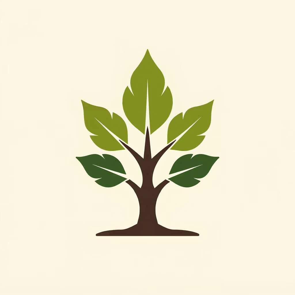 Minimalist tree illustration with vibrant green leaves against a neutral background.