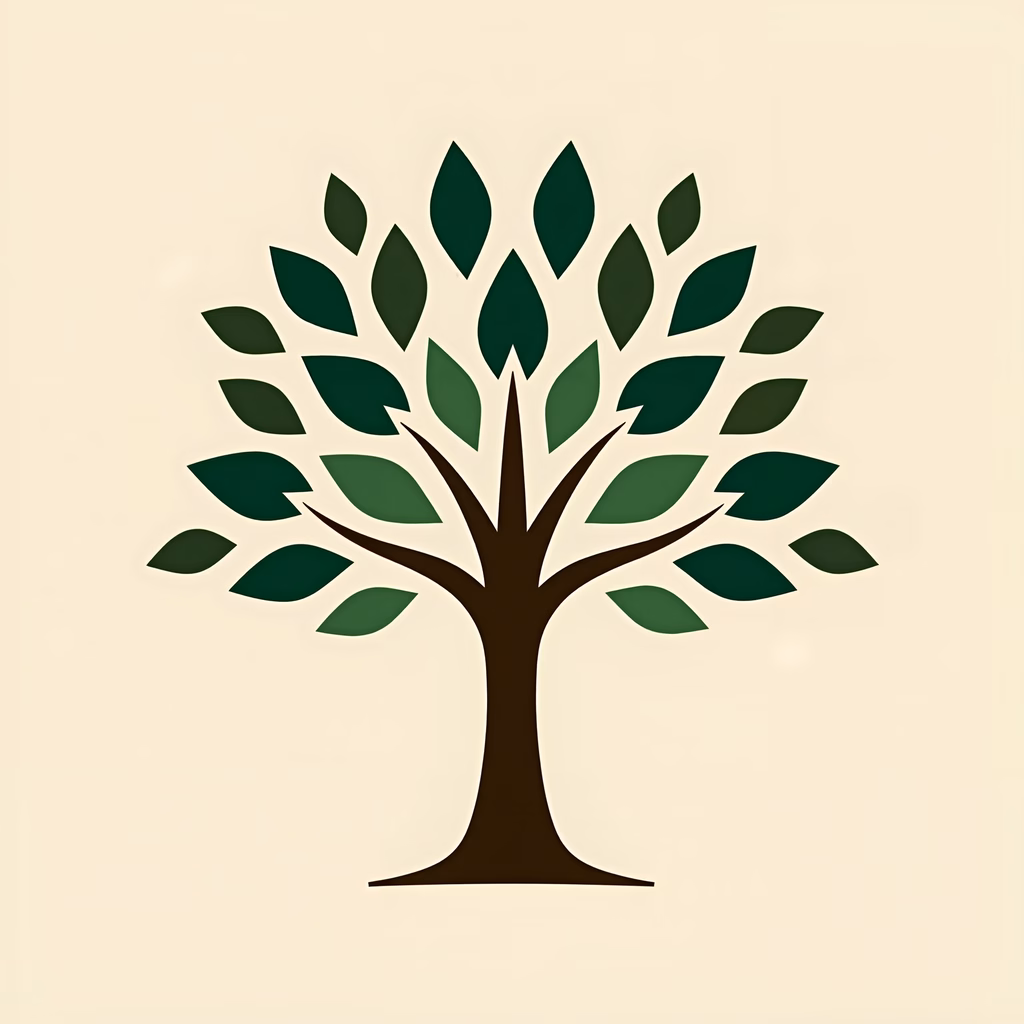 Simple tree silhouette with symmetrical leaves and solid colors.