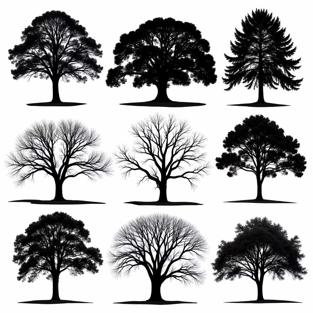 Nine detailed tree silhouettes showcasing natural diversity in black on white.