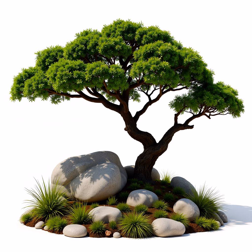 A detailed illustration of a tree with rocks and grass, evoking tranquility.