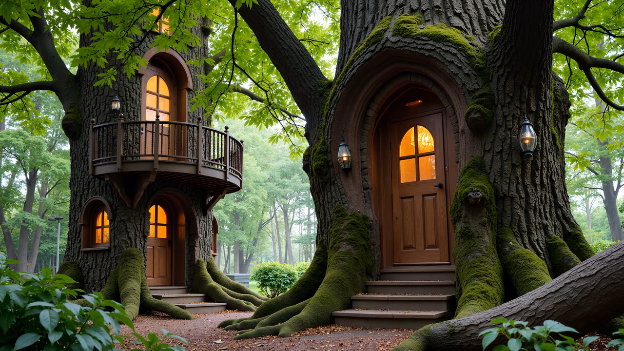 A charming treehouse surrounded by moss-covered trees in a peaceful forest setting.