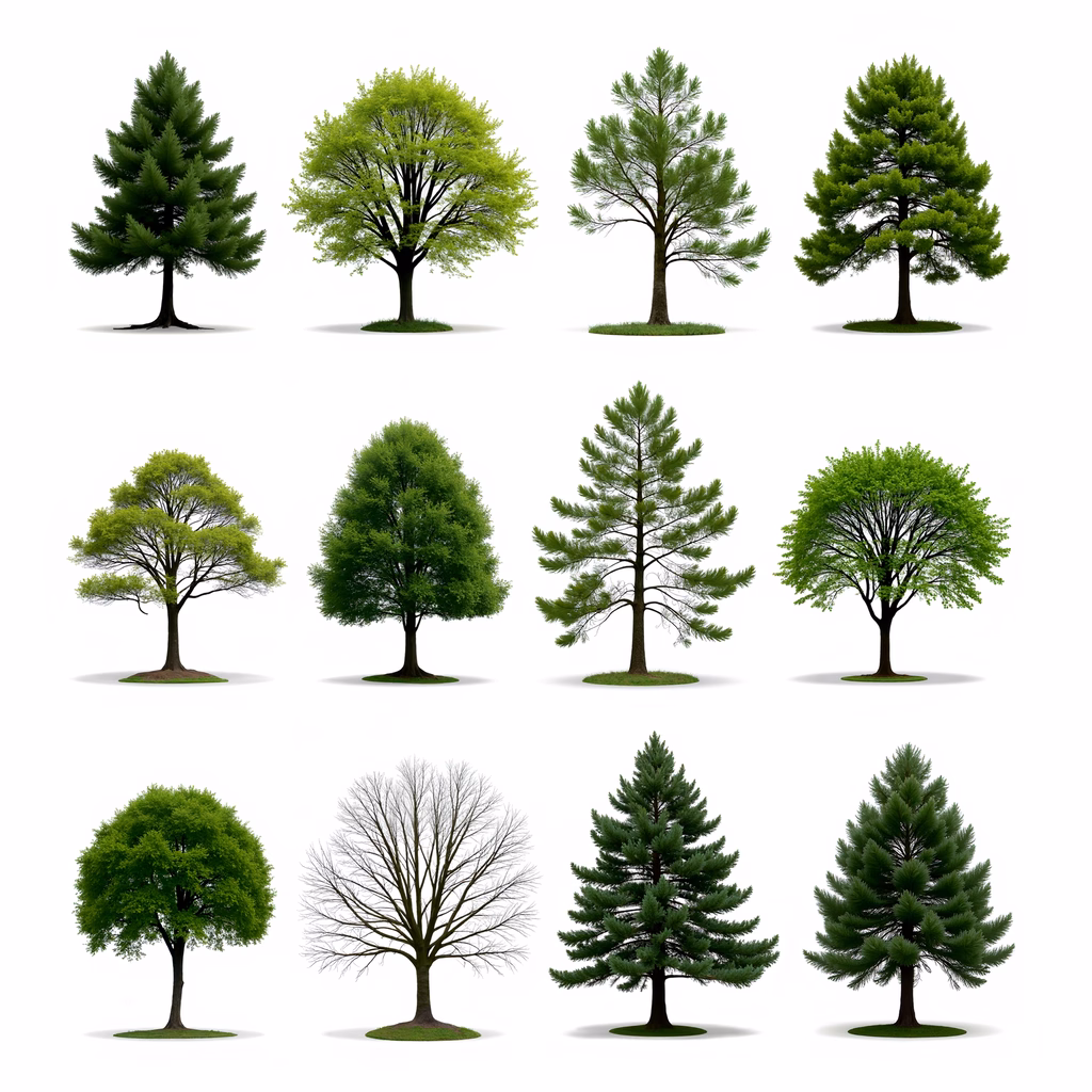 A diverse collection of trees in various shades of green on a white background.