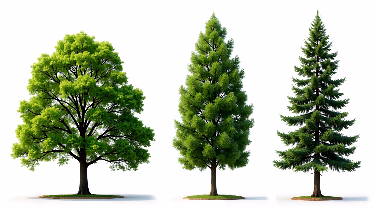 Realistic illustration of three diverse tree types standing on grass patches.