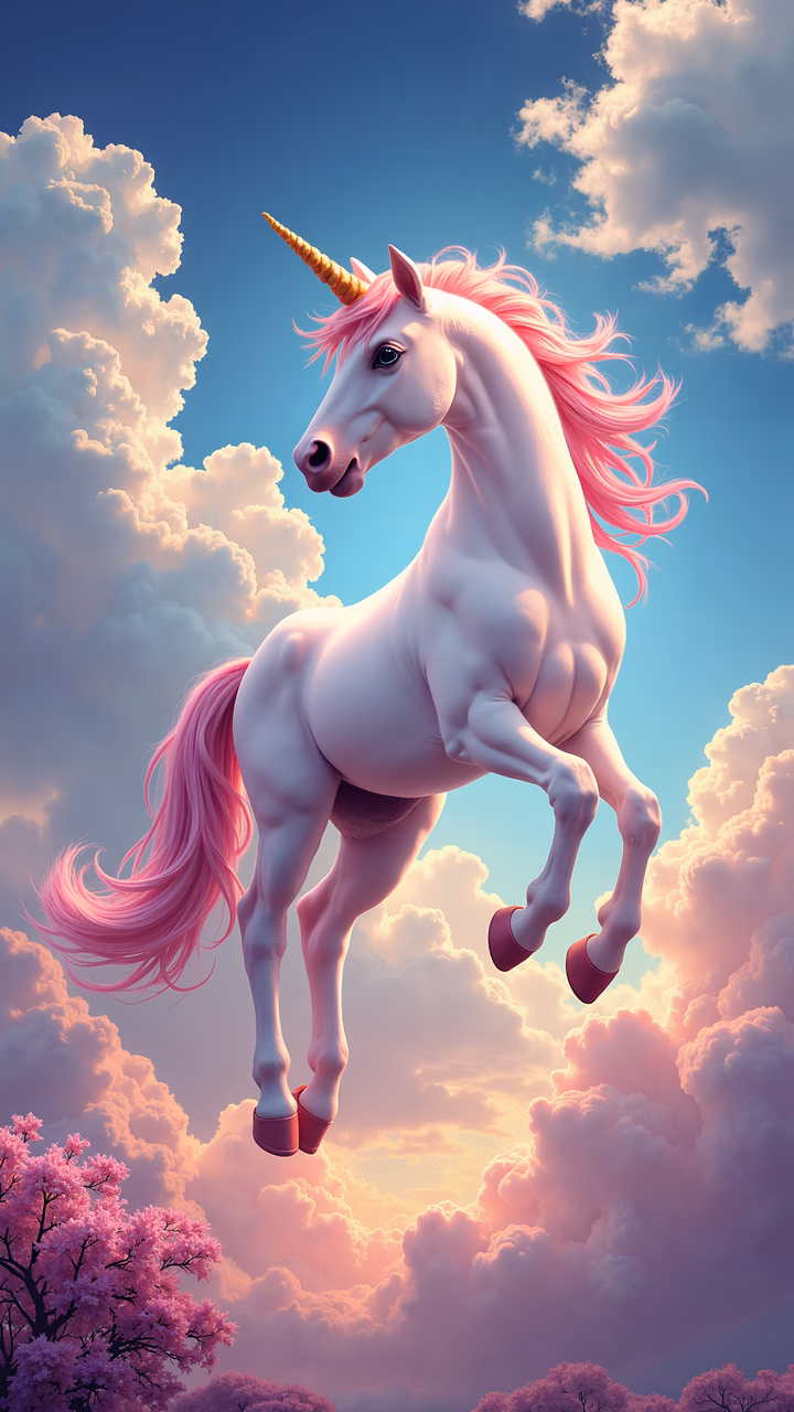 Whimsical unicorn leaping through a magical sky filled with soft pastel colors and fluffy clouds.