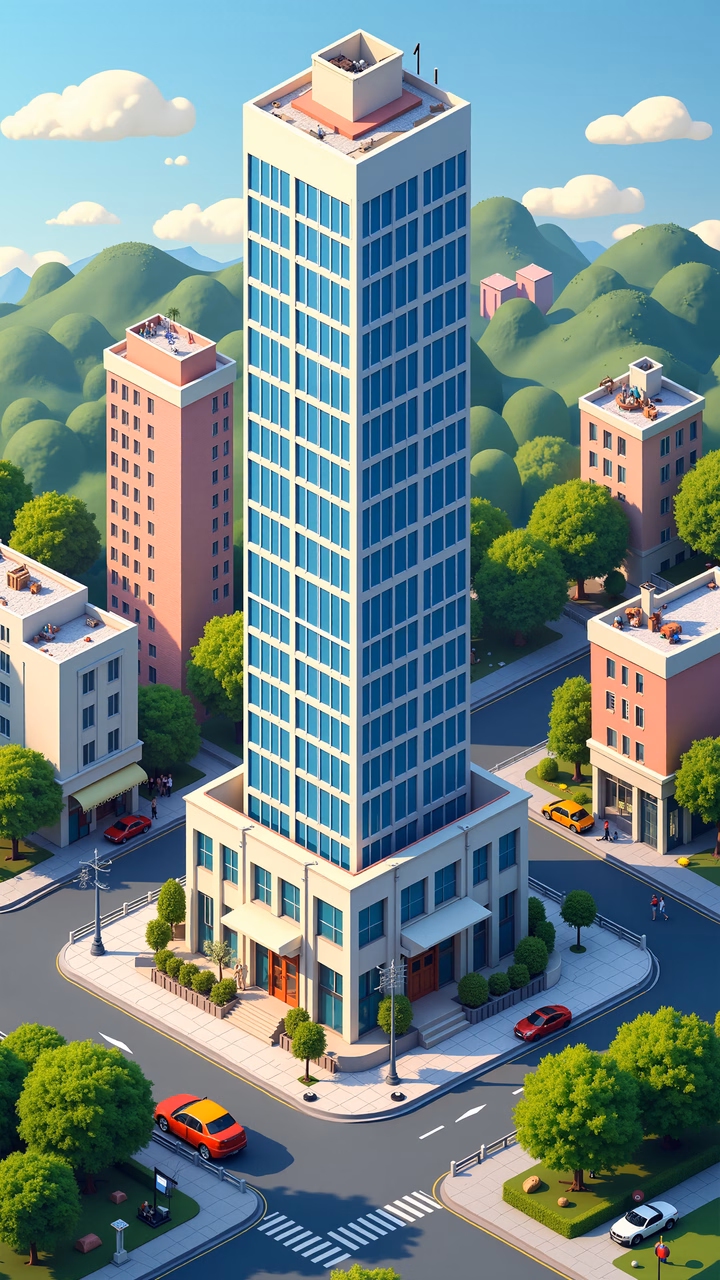 Modern cityscape with tall buildings and greenery under a clear sky.