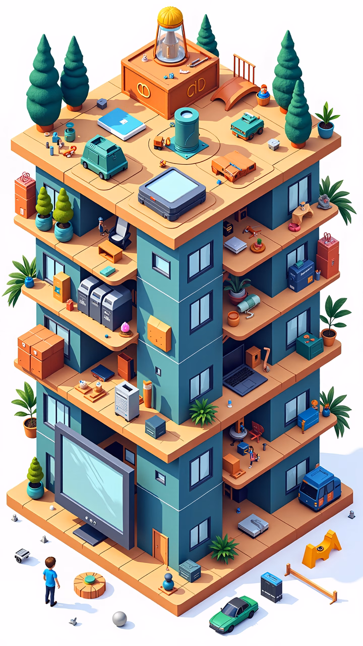 Vibrant urban life illustration with detailed cityscape and colorful objects.