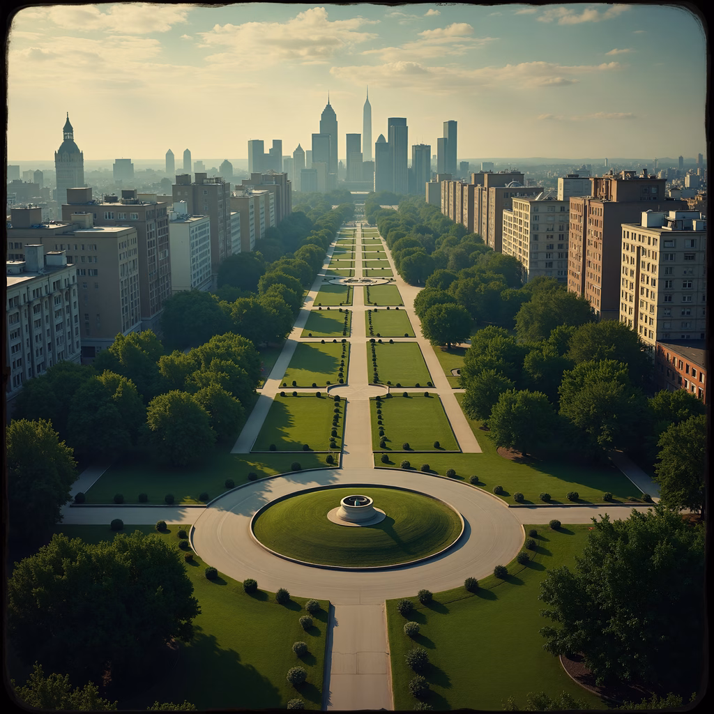 A tranquil urban park with green lawns and modern city skyline in golden sunlight.