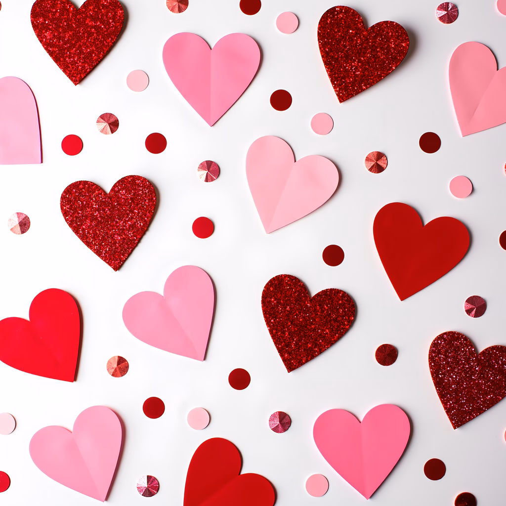 Bright red hearts and pink confetti on a white background, celebrating Valentine's Day.