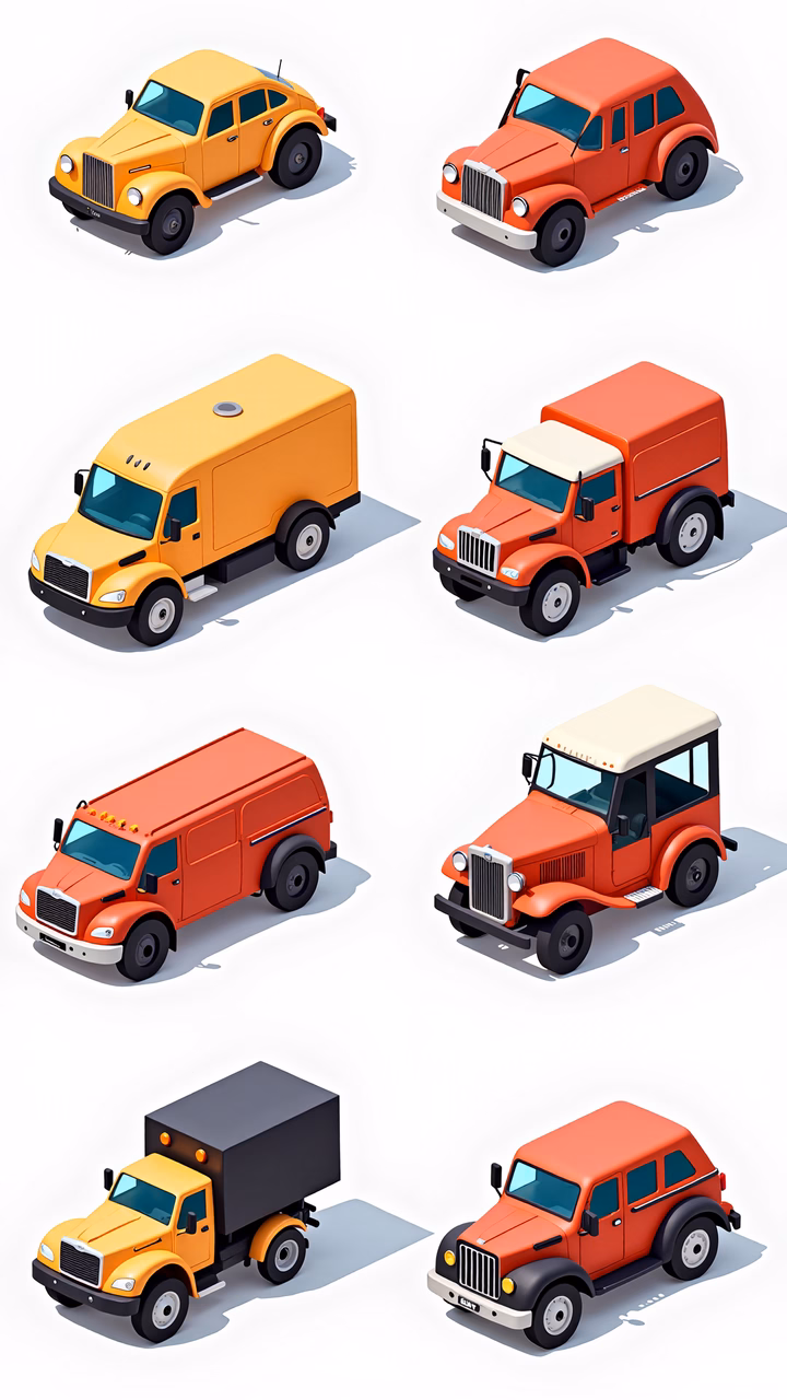 Brightly colored isometric vehicles collection
