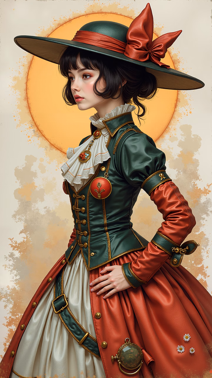 Vintage lady in elegant green and red attire, detailed illustration.
