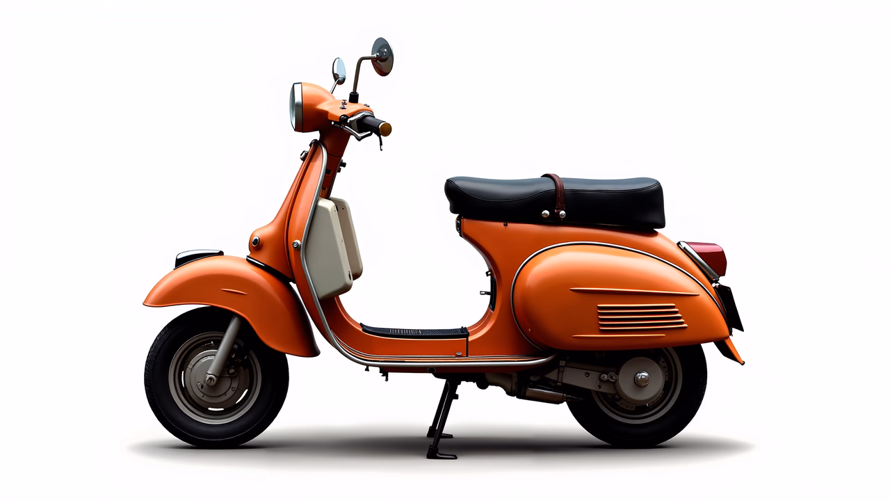Vibrant orange vintage scooter illustration, nostalgic charm, retro design