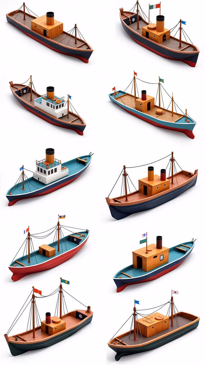 Cartoon-style vintage steamboats with a nostalgic maritime vibe.