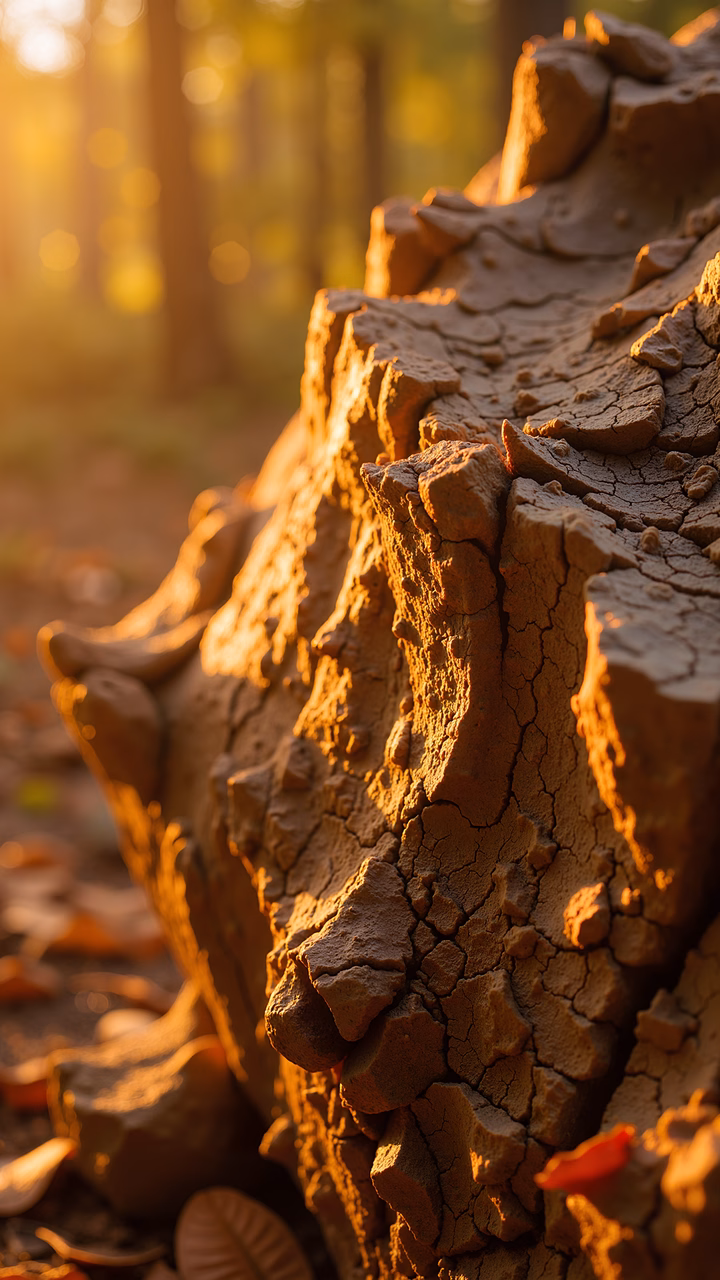 Close-up of a weathered tree trunk illuminated by golden sunlight.