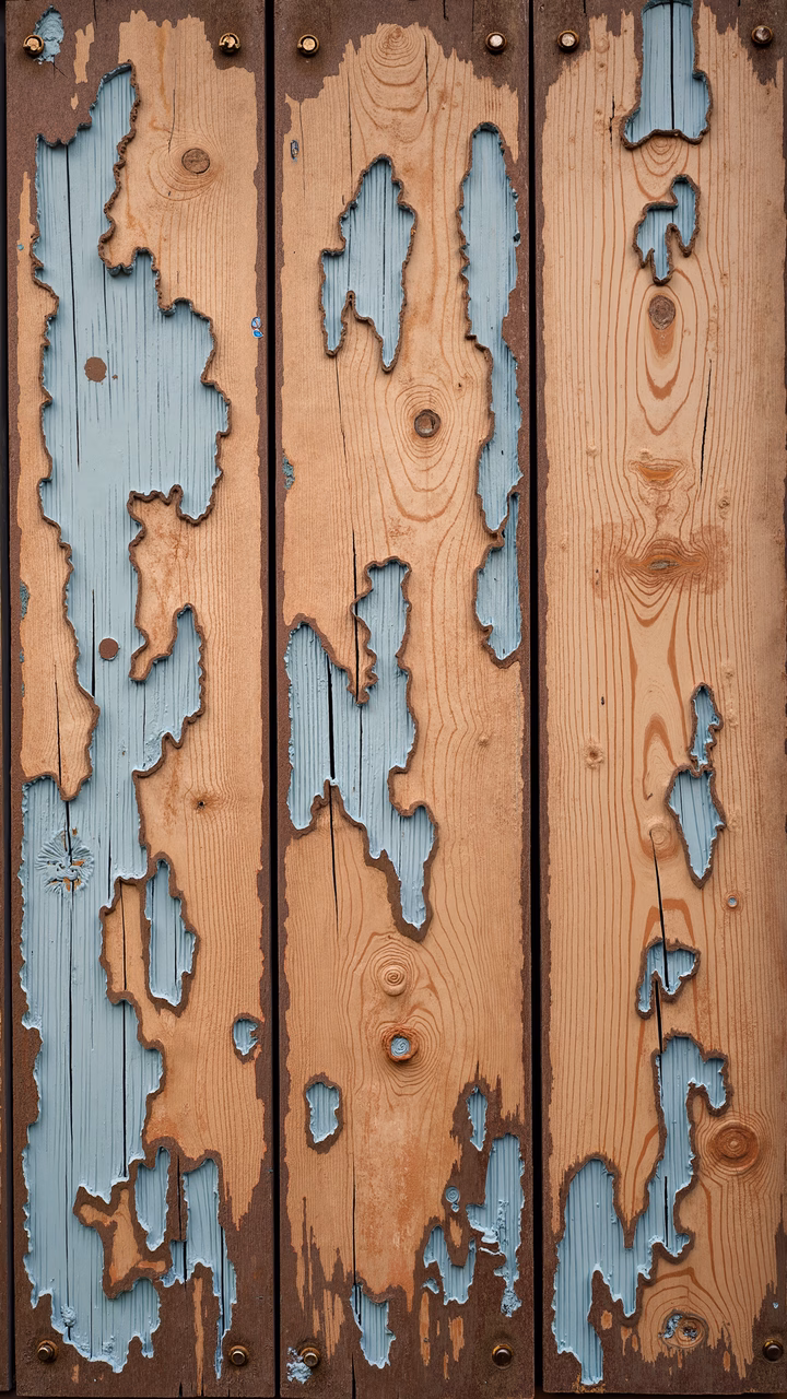 Rustic wooden planks with peeling blue paint, evoking a sense of history and decay.