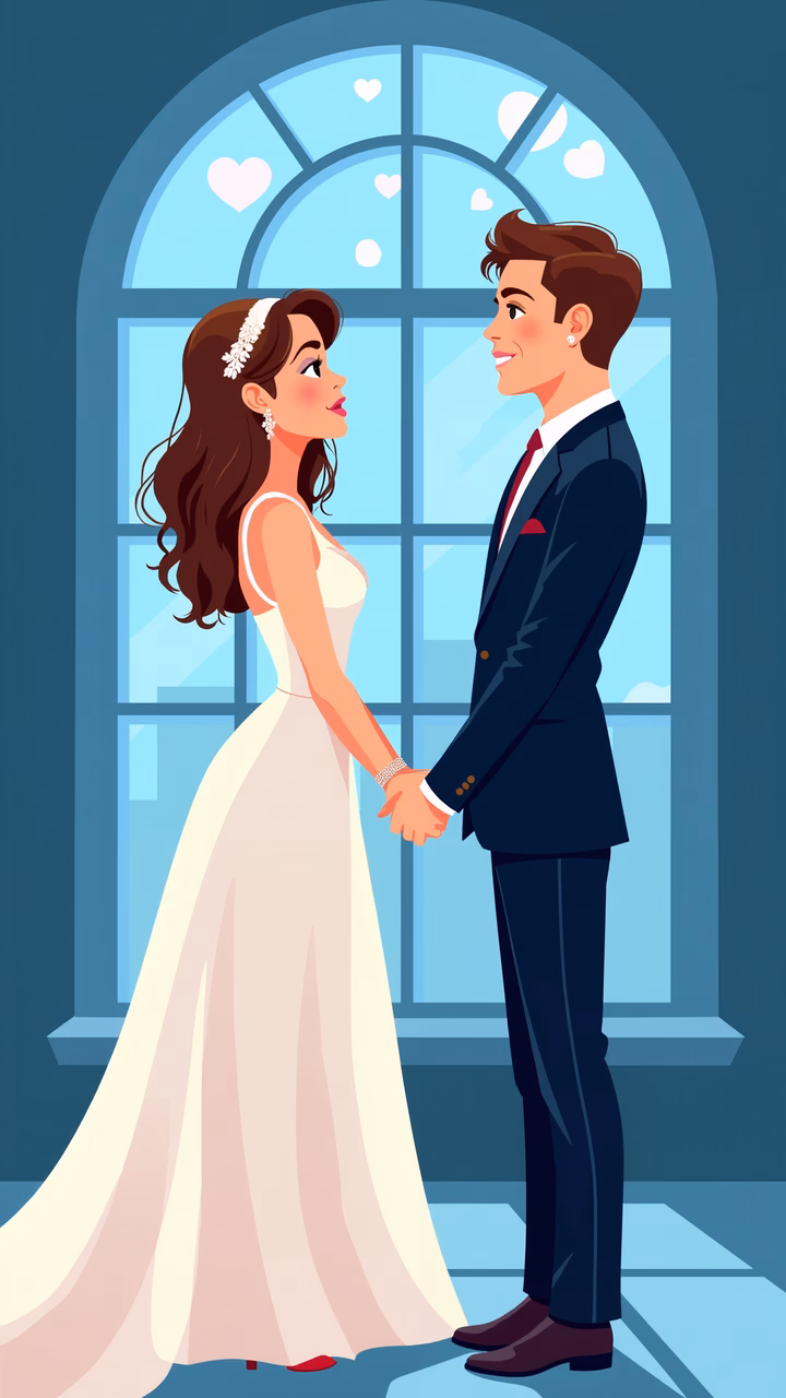 A romantic wedding couple illustration with hearts floating around them, symbolizing love and commitment.