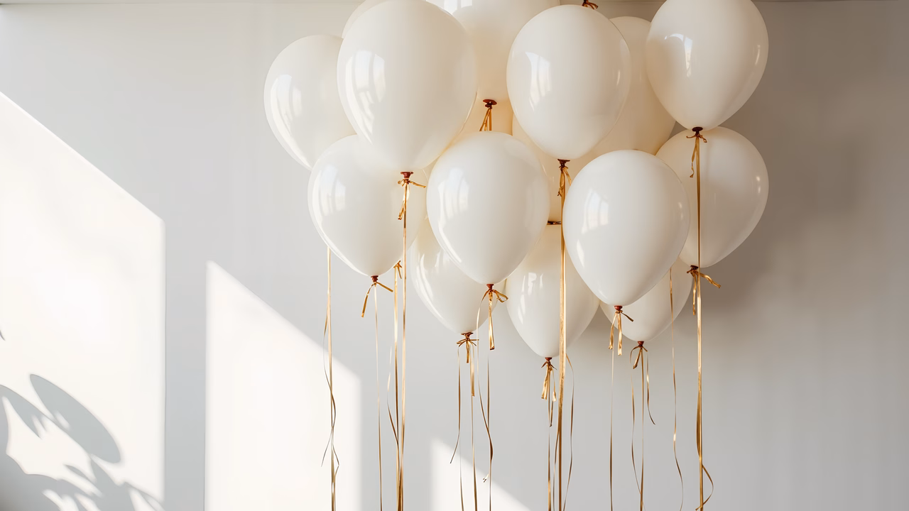 Elegant white balloons with golden ribbons against a soft, shadowed background.