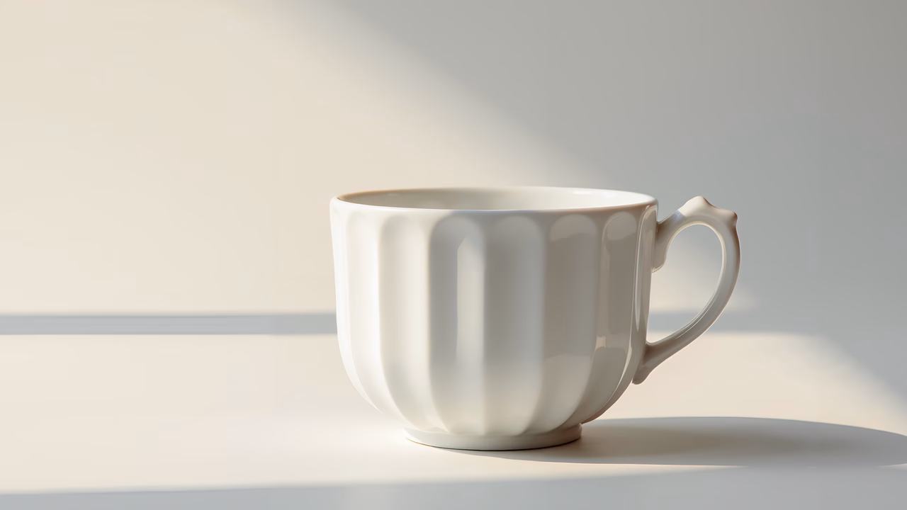 Minimalist still life featuring a white ceramic mug in soft natural light.