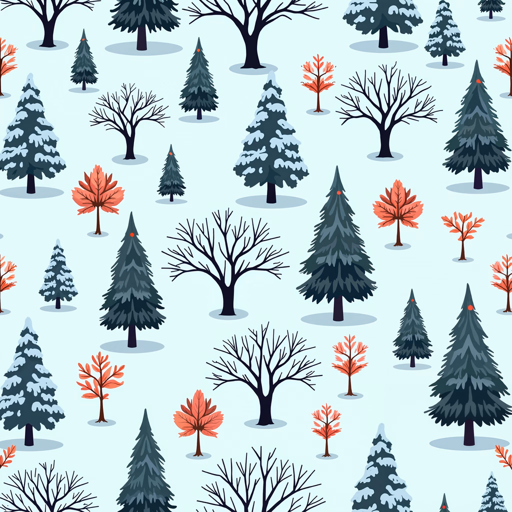 Vibrant winter forest illustration with evergreens and red-leaved deciduous trees.