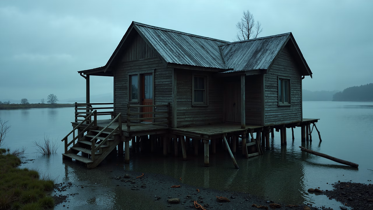 Lonely abandoned house on stilts by a tranquil lake under a gloomy sky.