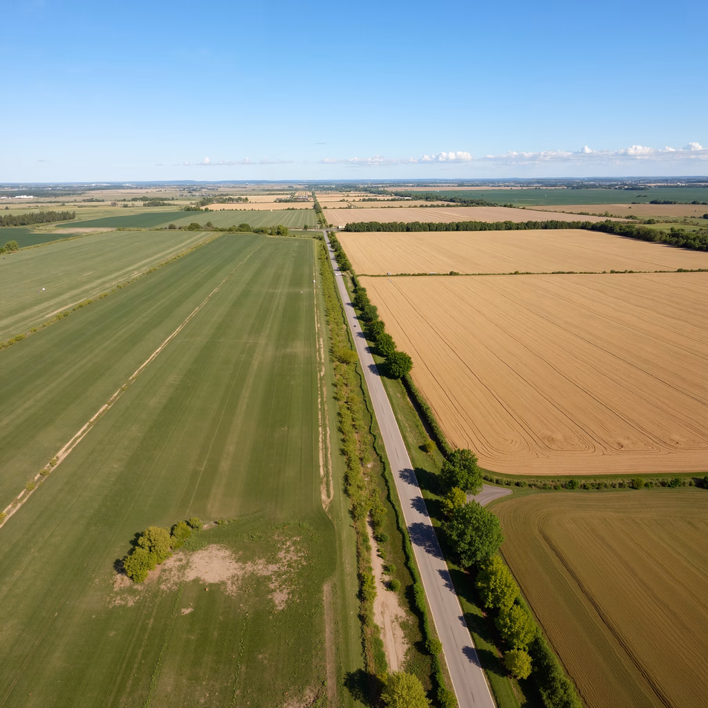 Aerial shot of contrasting farmland under a clear sky.