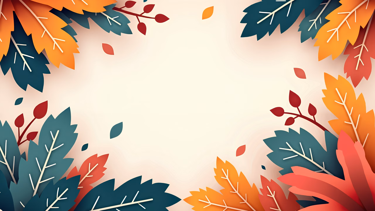 Vibrant autumn leaves in a flat, paper-cut style illustration.