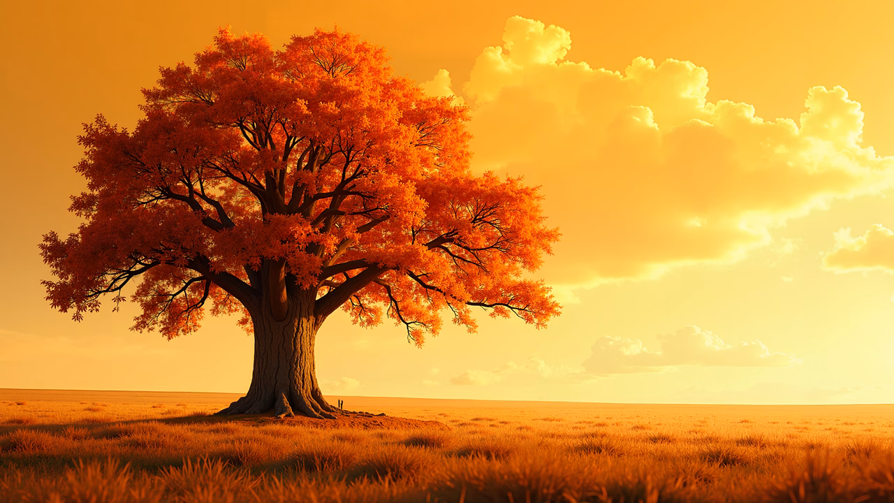 Solitary autumn tree in a golden field under a warm sky.