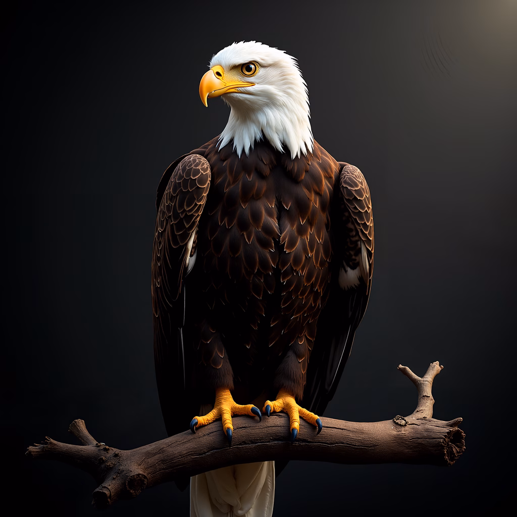 Detailed illustration of a bald eagle perched on a branch, showcasing intricate feather textures and piercing yellow eyes against a dark background.