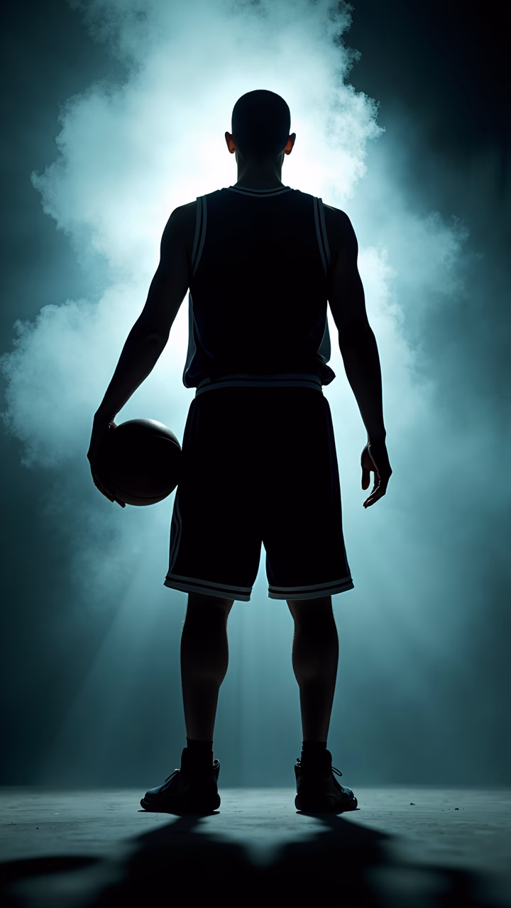 Silhouetted basketball player against smoky background, cool blue tones, sports drama.