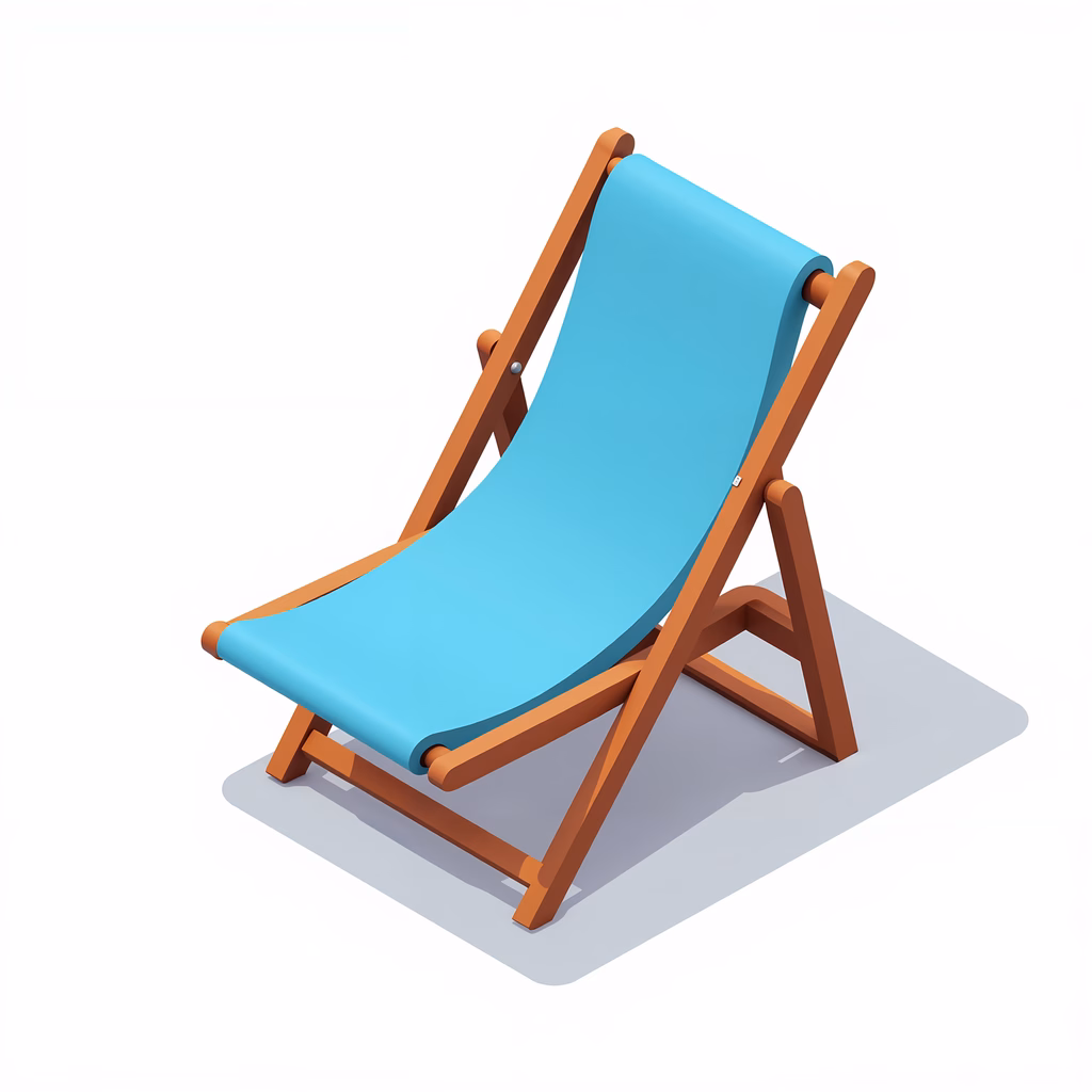 Minimalist beach chair illustration with cool tones and warm wood accents.