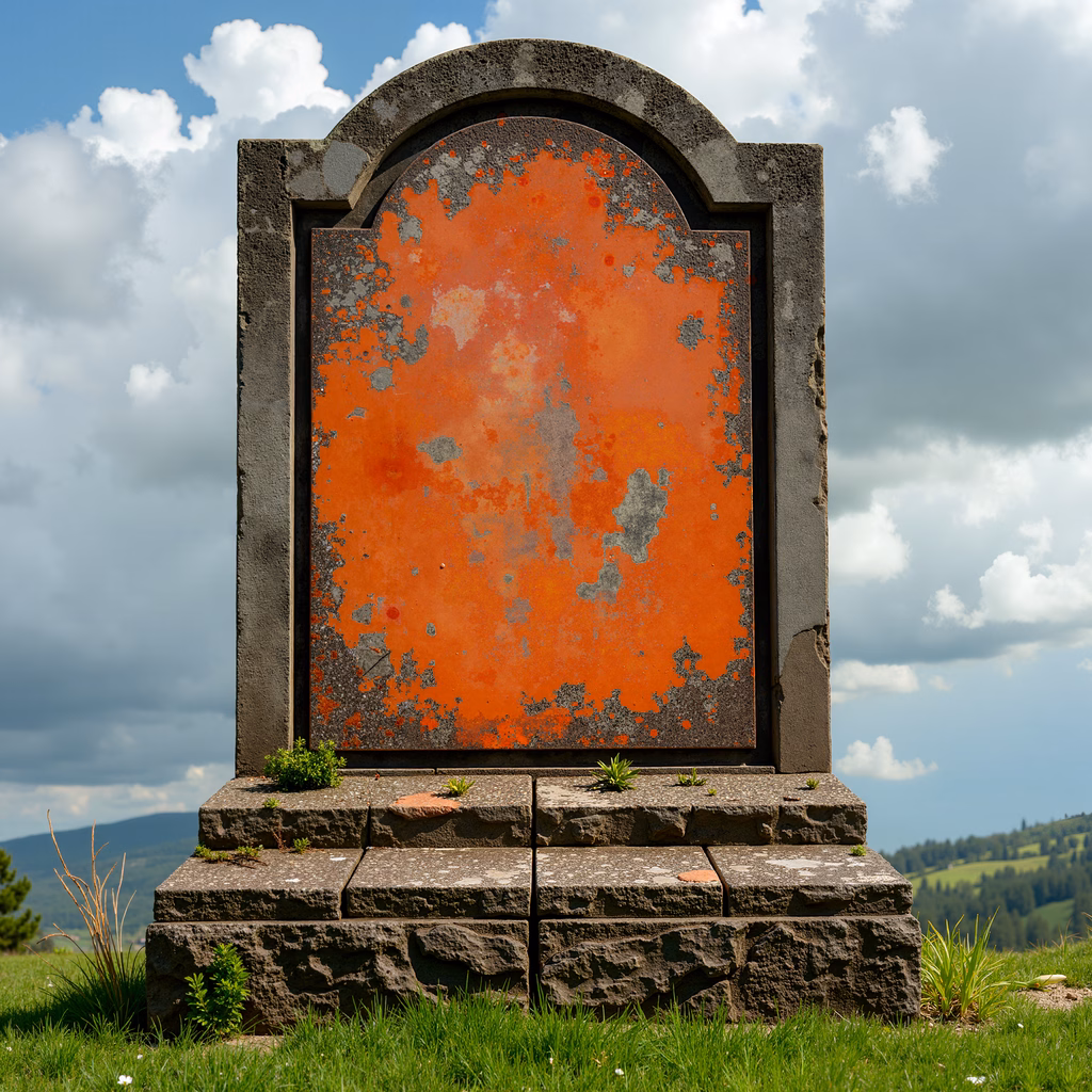 Weathered tombstone against a scenic backdrop of green hills and blue sky.