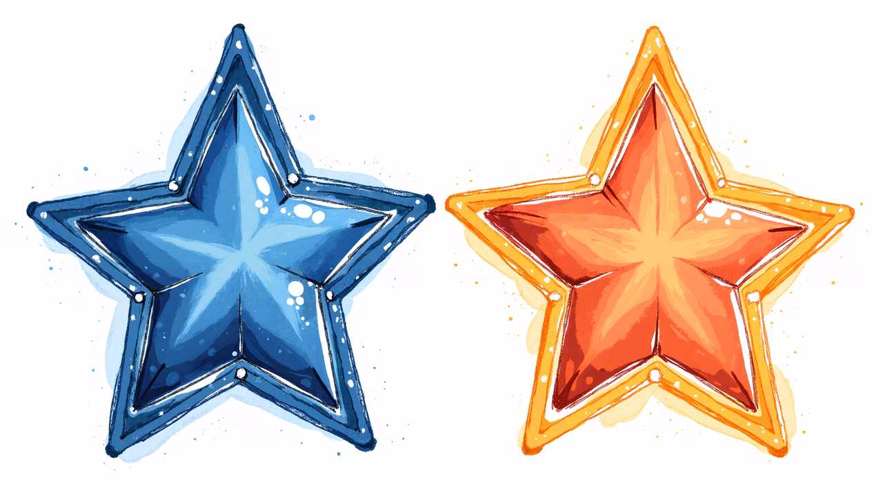 Vibrant blue and orange stars with glossy and glowing details on a white background.