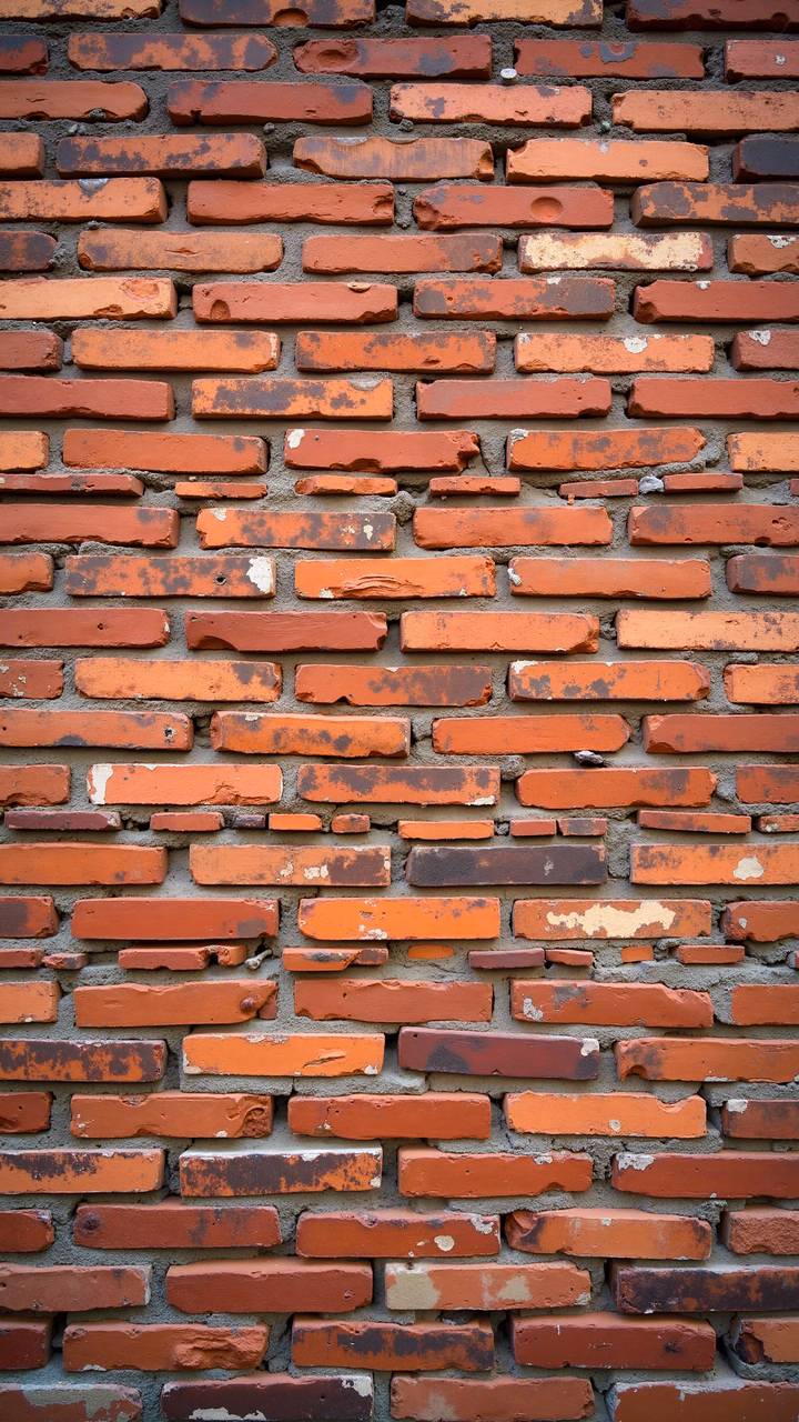 Close-up of an aged brick wall with varied textures and colors.