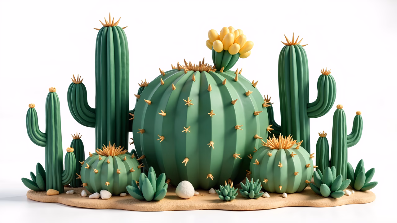 Vibrant cactus garden illustration with diverse shapes and textures.