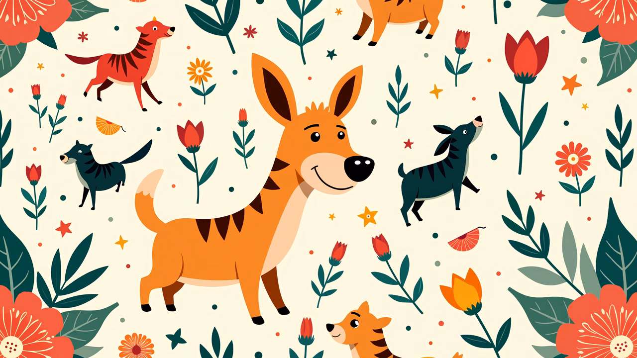 Brightly colored anthropomorphic animals in a floral garden setting, ideal for children's art.