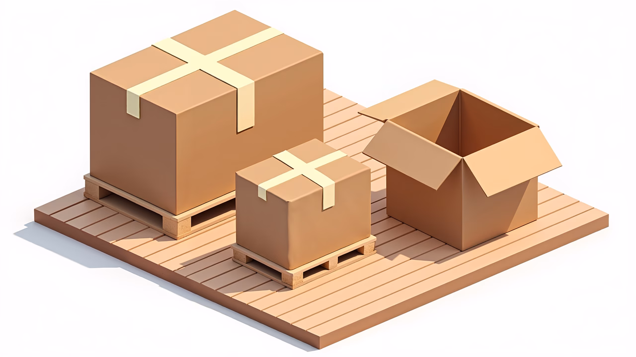 Cartoonish packaging illustration for commercial use, featuring boxes on pallets.