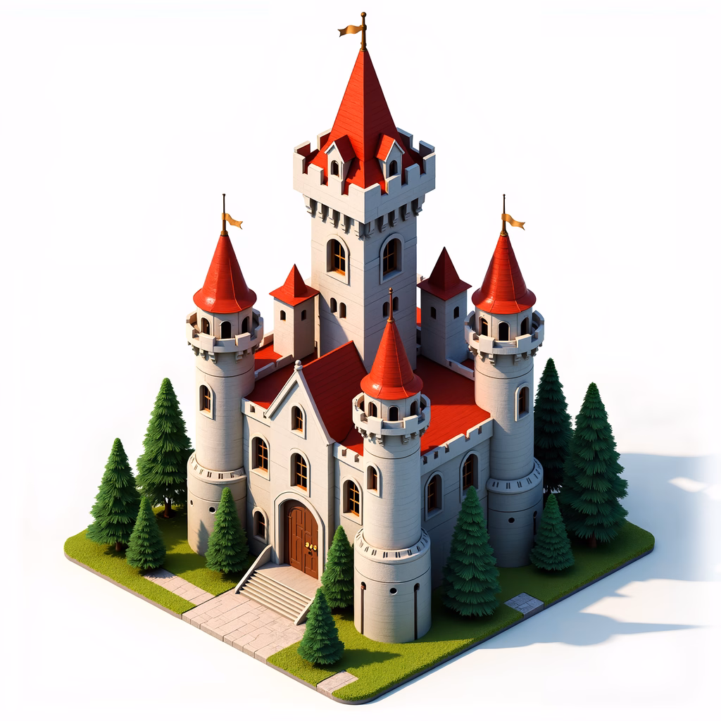 A whimsical castle surrounded by pine trees, bathed in soft sunlight.